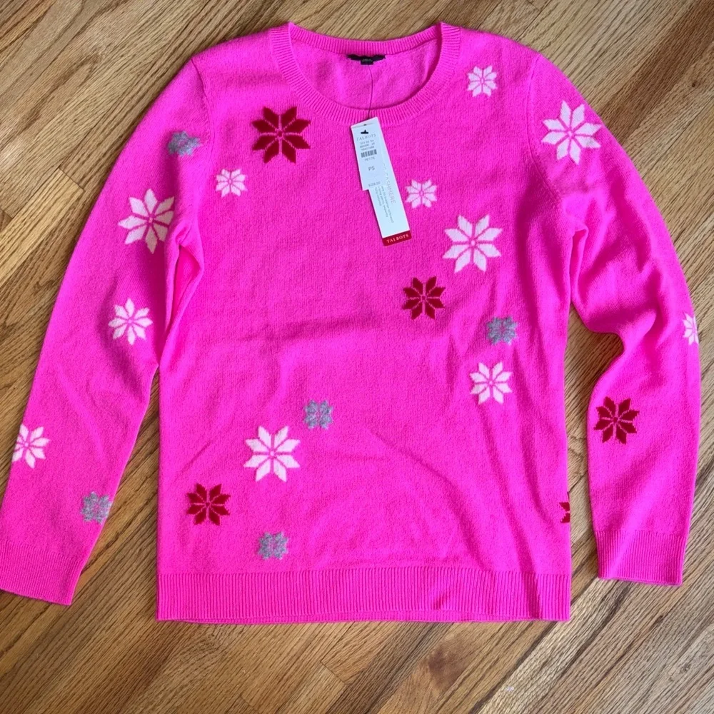 Cashmere PS Talbots Hot Pink snowflake Crewneck Sweater